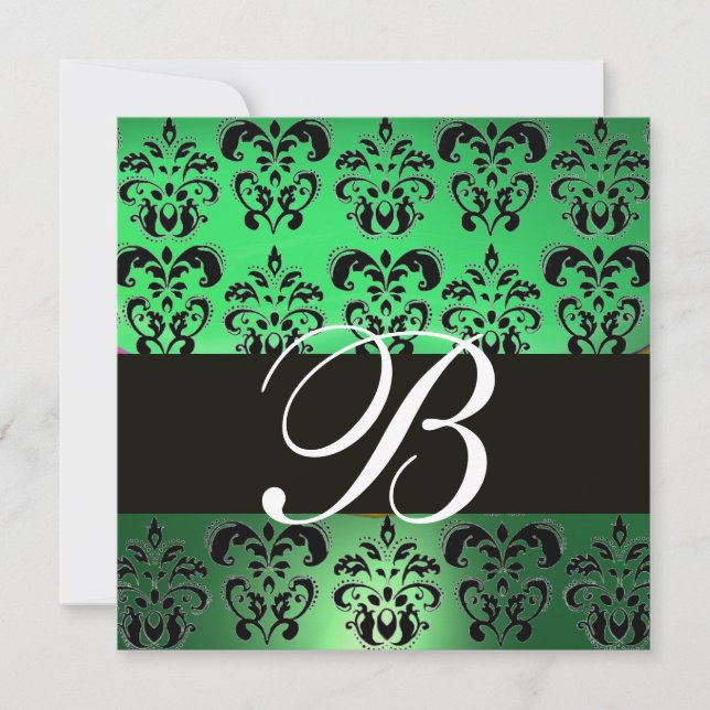 Convite MONOGRAMA DAMASCO PRETO VERDE , branco (Frente)