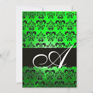 Convite MONOGRAMA DAMASCO PRETO VERDE, branco brilhante