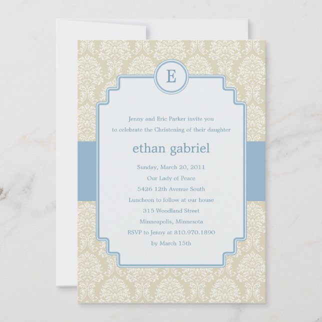 Convite Monograma Damask Baptism/Christening Invite - Azul (Frente)