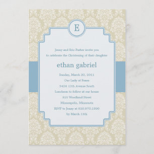 Convite Monograma Damask Baptism/Christening Invite - Azul