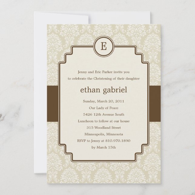 Convite Monograma Damask Baptism/Christening Invite - Brow (Frente)