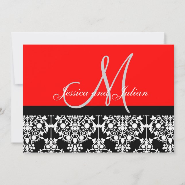 Convite Monograma Damask Black and Red Invation (Frente)