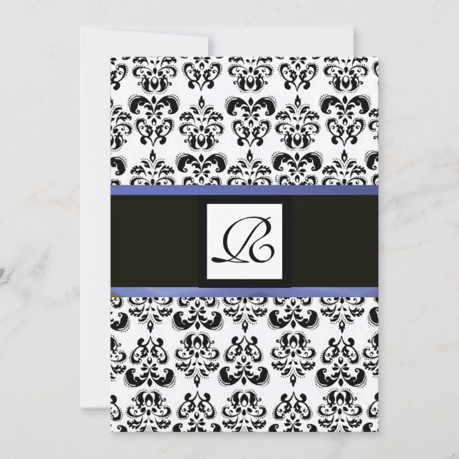 Convite MONOGRAMA DAMASK, branco preto, azul (Frente)