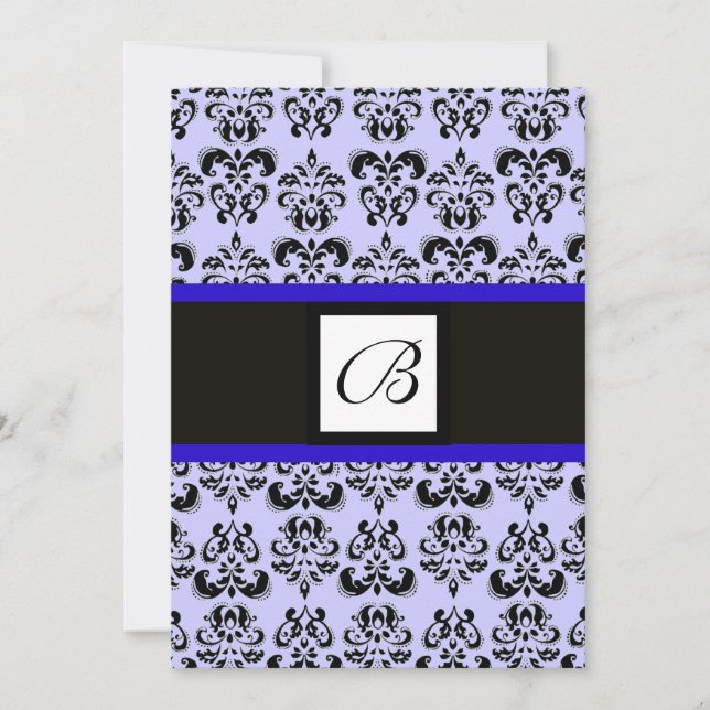 Convite MONOGRAMA DAMASK, preto e branco, azul (Frente)