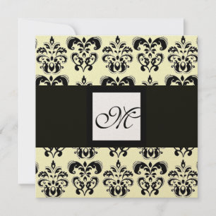 Convite MONOGRAMA DAMASK, preto e branco, metálico dourado