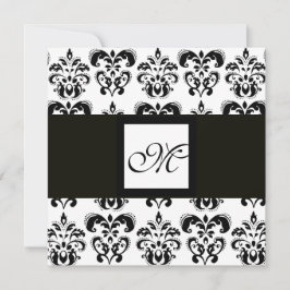 Convite MONOGRAMA DAMASK, preto e branco, metálico pratead