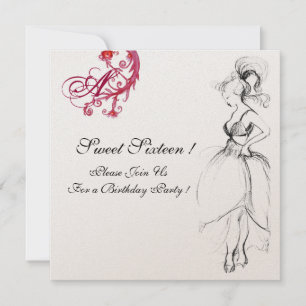 Convite MONOGRAMA DE 16 PARTIDOS, preto vermelho e ouro