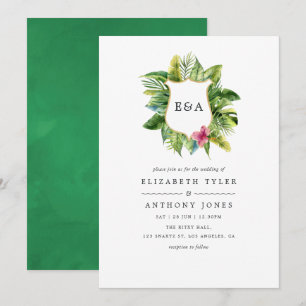 Convite Monograma de Aquarela Casamento de Verão Tropical