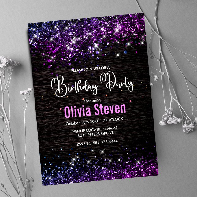 Convite Monograma de brilho preto roxo e branco (Criador carregado)