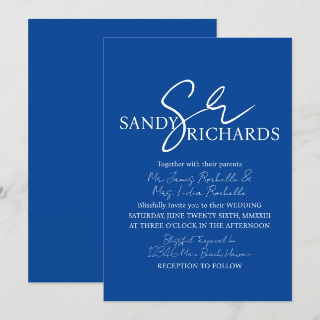 Convite Monograma de Casais Azul Branco Casamento Script   (Frente/Verso)