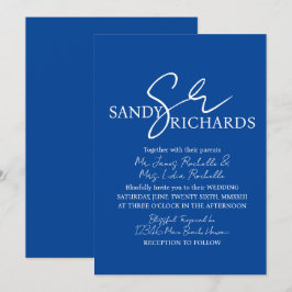 Convite Monograma de Casais Azul Branco Casamento Script
