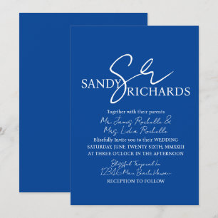 Convite Monograma de Casais Azul Branco Casamento Script