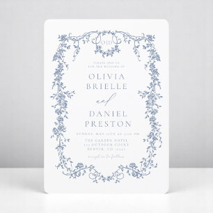 Convite Monograma de Casamento Azul Dusty, francês vitoria