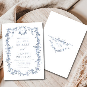 Convite Monograma de Casamento Azul Dusty Vitoriano Francê