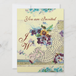 Convite Monograma de Casamento Branco Cor-de-Rosa Azul Flo