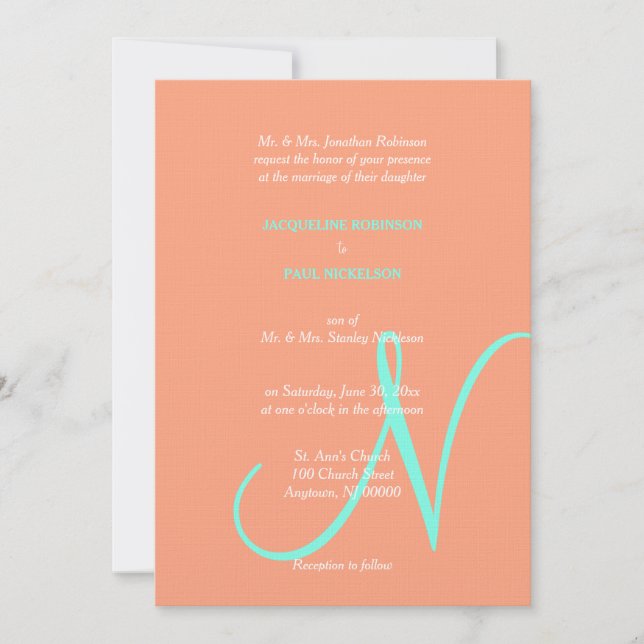 Convite Monograma de Casamento Cantaloupe Azul  (Frente)
