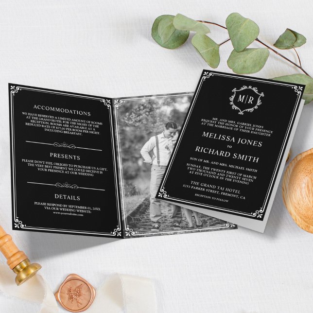 Convite Monograma de Casamento Clássico e Elegante em Pret (Criador carregado)