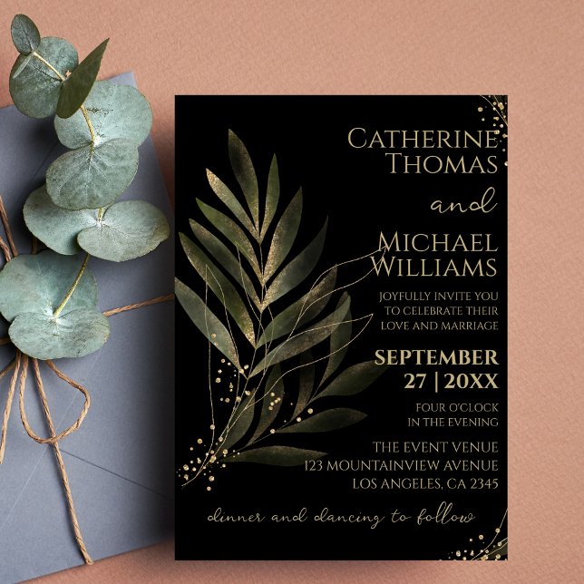 Convite Monograma de Casamento com Folha Dourada Negra Mod (Criador carregado)