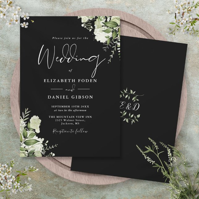 Convite Monograma de casamento com folhagem verde e preto  (Botanical Watercolor Roses Garland Address Label)