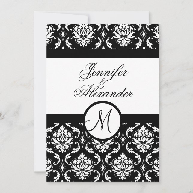 Convite Monograma de Casamento Damask Black & White Invita (Frente)