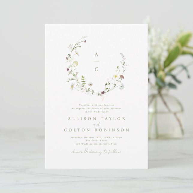 Convite Monograma de Casamento de Boho Russo de Flor Selva (Em pé/Frente)