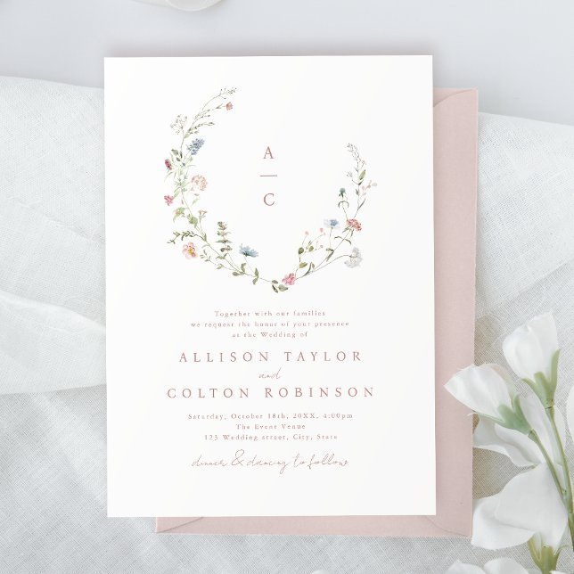 Convite Monograma de Casamento de Boho Russo de Flor Selva (Elegant Wildflower Rustic Boho Wedding monogram Invitation)