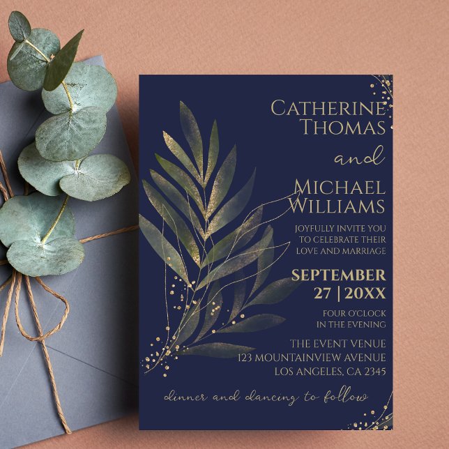 Convite Monograma de Casamento de Folha Azul Dourada do Ma (Criador carregado)