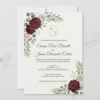 Convite Monograma de casamento de rosas Burgundy e brancas