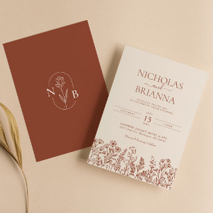 Convite Monograma de Casamento de Terracotta de Flor Selva