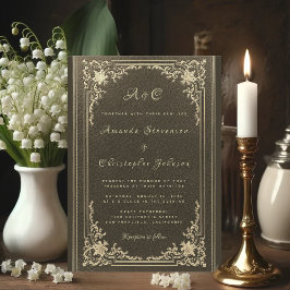 Convite Monograma de Casamento Elegante Vintage Dourado no
