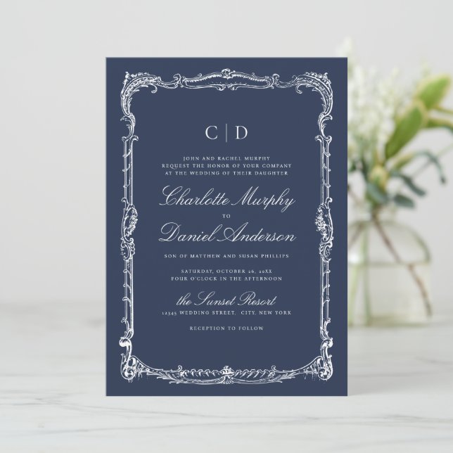 Convite Monograma de Casamento em Letra de Forma Clássica  (Em pé/Frente)