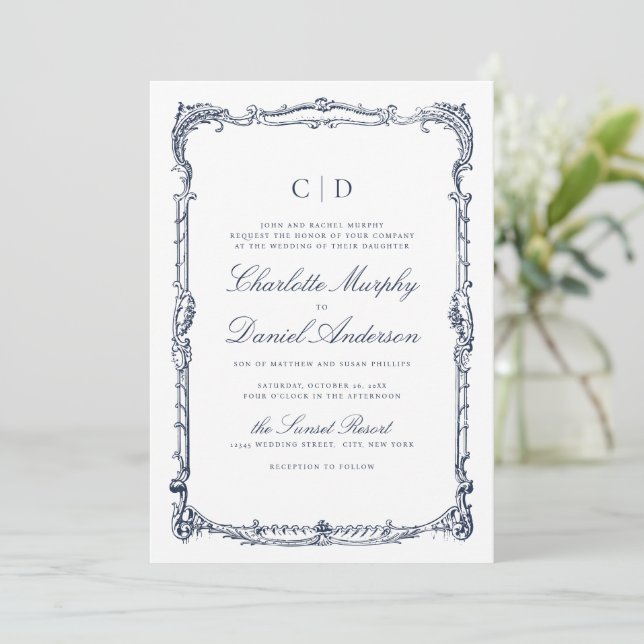 Convite Monograma de Casamento em Letra de Forma Clássica  (Em pé/Frente)