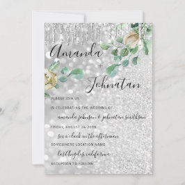 Convite Monograma de Casamento Florais Mint Glitter Silver