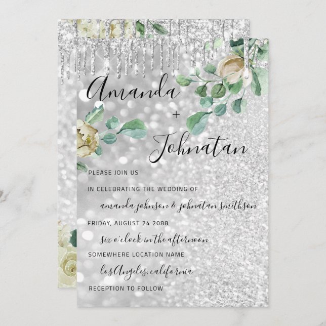 Convite Monograma de Casamento Florais Mint Glitter Silver (Frente/Verso)