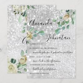 Convite Monograma de Casamento Florais Mint Glitter Silver