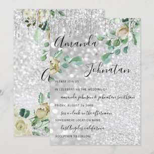 Convite Monograma de Casamento Florais Minúsculas Glitter