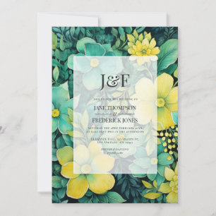Convite Monograma de Casamento Floral Amarelo e Verde