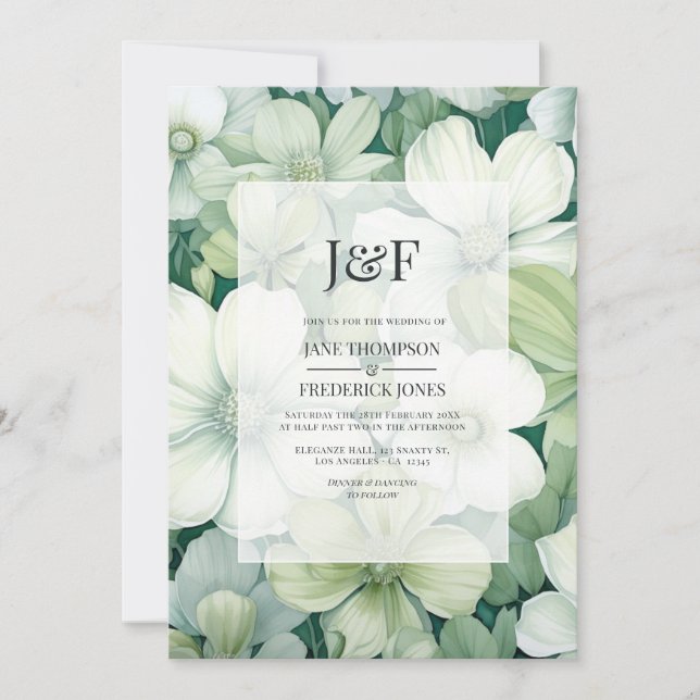 Convite Monograma de Casamento Floral Branco e Verde (Frente)