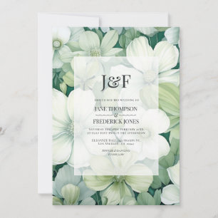 Convite Monograma de casamento floral branco e verde-sálvi