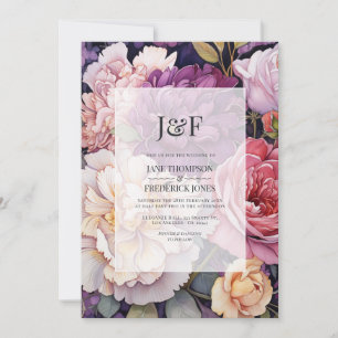 Convite Monograma de casamento floral em rosa e champanhe