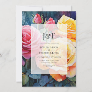 Convite Monograma de casamento floral rosa e amarelo