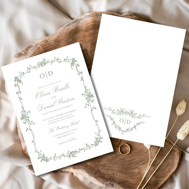 Convite Monograma de Casamento Floral Verde do Victorian S (Criador carregado)