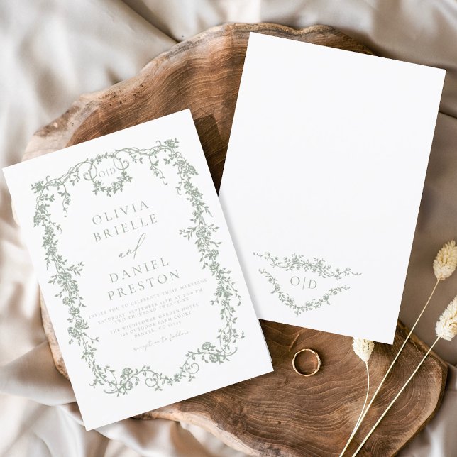 Convite Monograma de Casamento Floral Verde do Victorian S (Criador carregado)