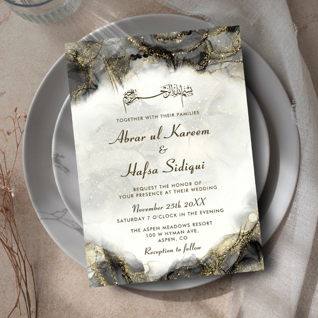 Convite Monograma de Casamento Islâmico com Tinta Negra Mo (Criador carregado)