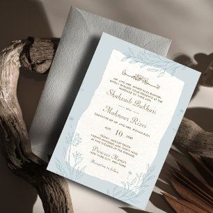 Convite Monograma de Casamento Islâmico Floral Azul Elegan