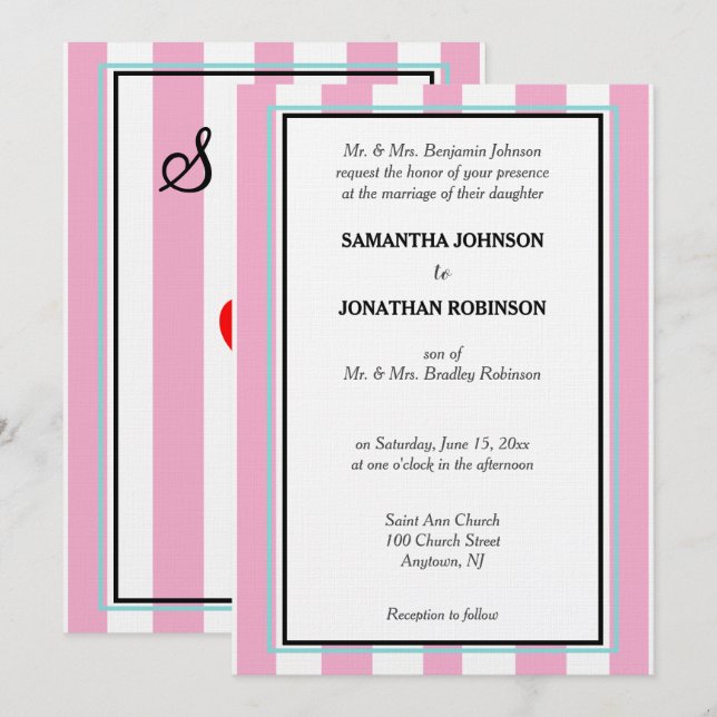 Convite Monograma de Casamento Listras Rosa Branco Azul (Frente/Verso)