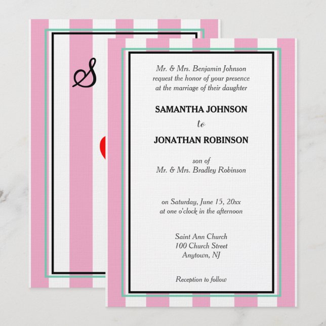 Convite Monograma de Casamento Listras Rosa Branco Verde (Frente/Verso)