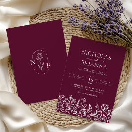 Convite Monograma de casamento minimalista de flores silve