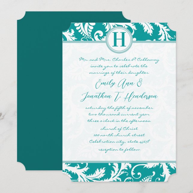 Convite Monograma de Casamento tema damasco de Teal Aqua V (Frente/Verso)