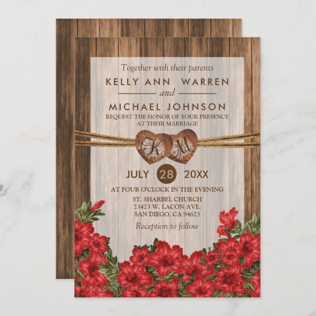 Convite Monograma de Corações de Madeira com Lírios Vermel (Frente/Verso)
